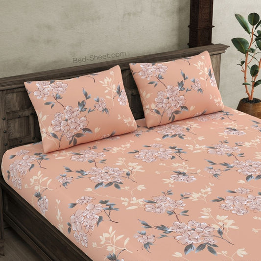 Peach Glow Tropical Floral King Size Bedsheet