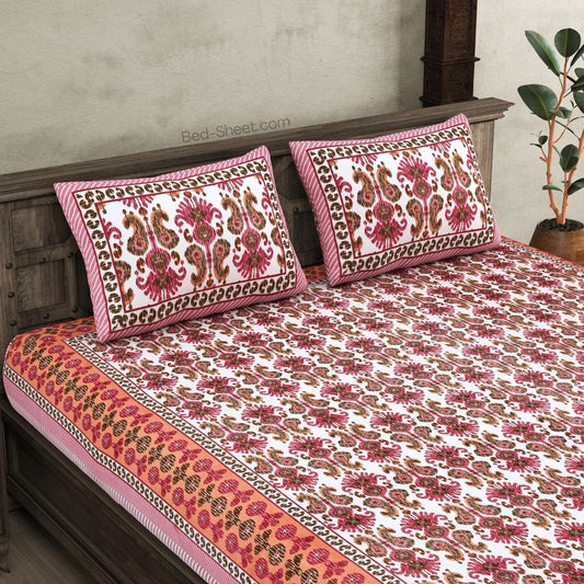 Coral Pink Ikat Super King Size 10 Feet Wide Premium Cotton Bedsheet