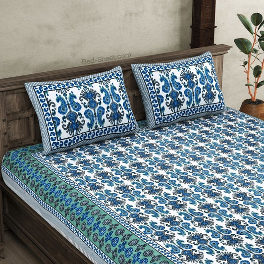 Royal Blue Ikat Super King Size 10 Feet Wide Premium Cotton Bedsheet