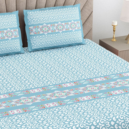 Ethnic Charm Blue Cotton King Size Double Bedsheet