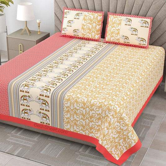 Golden Yellow and Red Traditional Cotton King Size Bedsheet