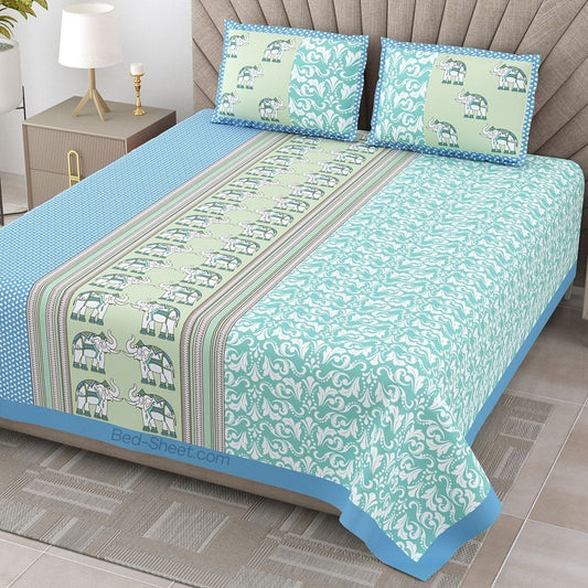 Aqua Green Traditional Floral King Size Cotton Bedsheet