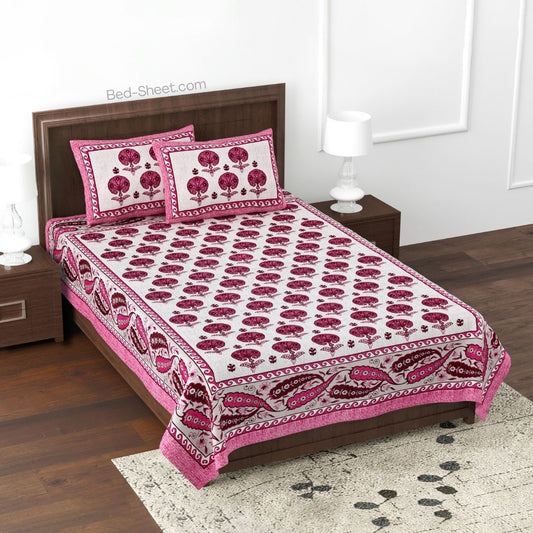 Verdant Vibes Pink Queen Size Cotton Bedsheet