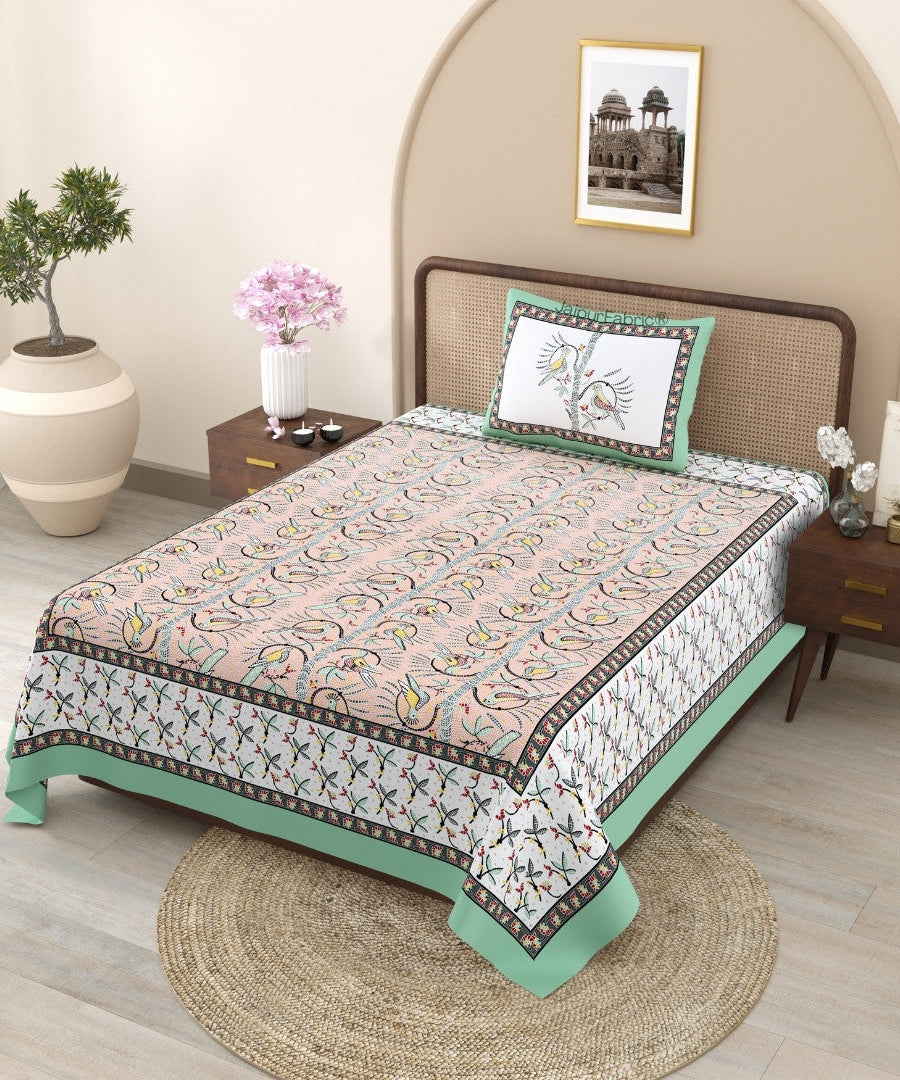 Perky Parrots Peach Pure Cotton Single Bedsheet