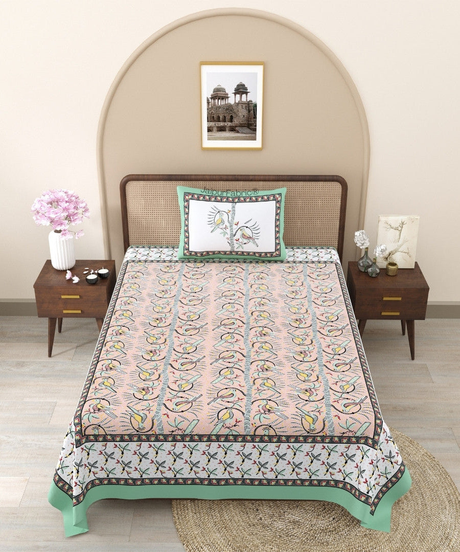 Perky Parrots Peach Pure Cotton Single Bedsheet