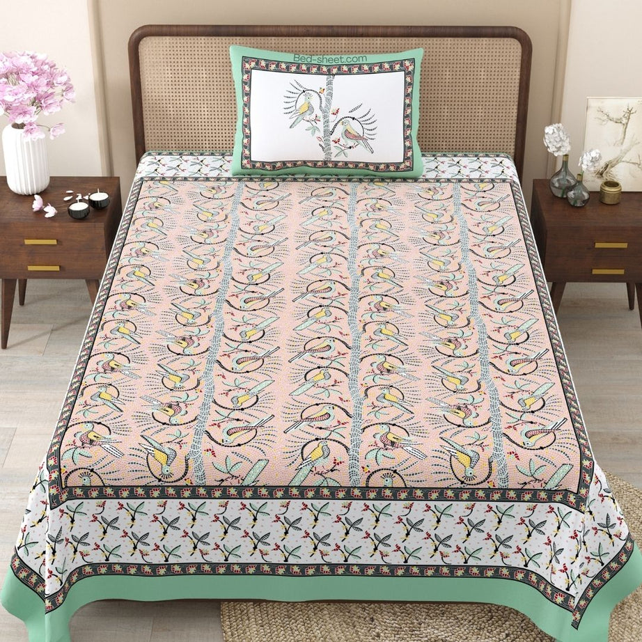 Perky Parrots Peach Pure Cotton Single Bedsheet