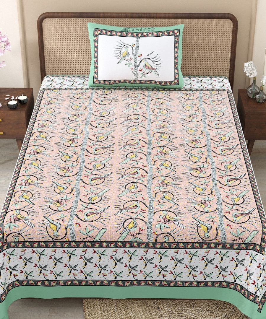 Perky Parrots Peach Pure Cotton Single Bedsheet