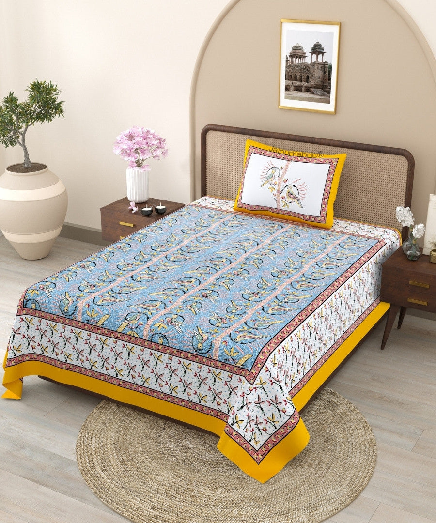 Perky Parrots Blue Pure Cotton Single Bedsheet