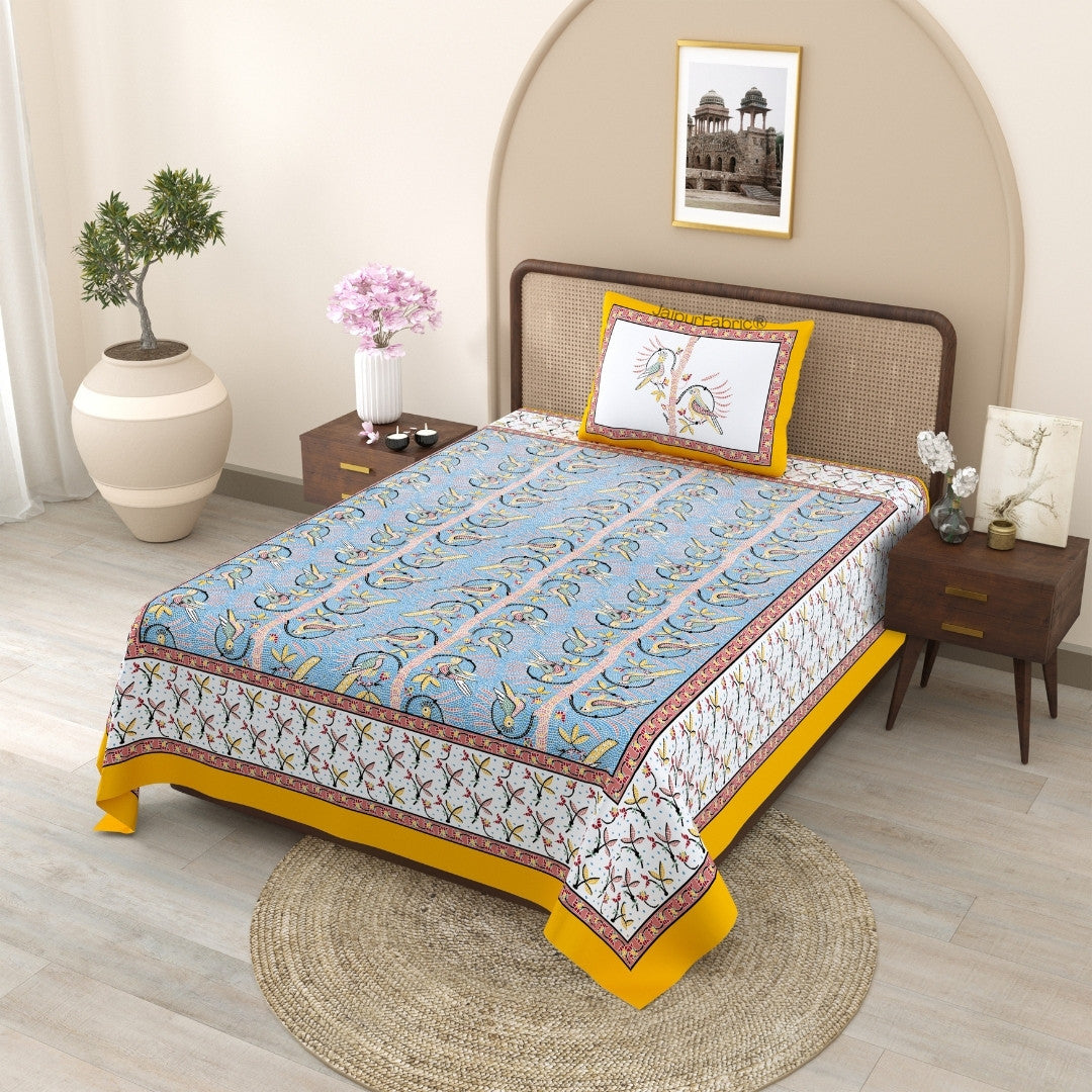 Perky Parrots Blue Pure Cotton Single Bedsheet