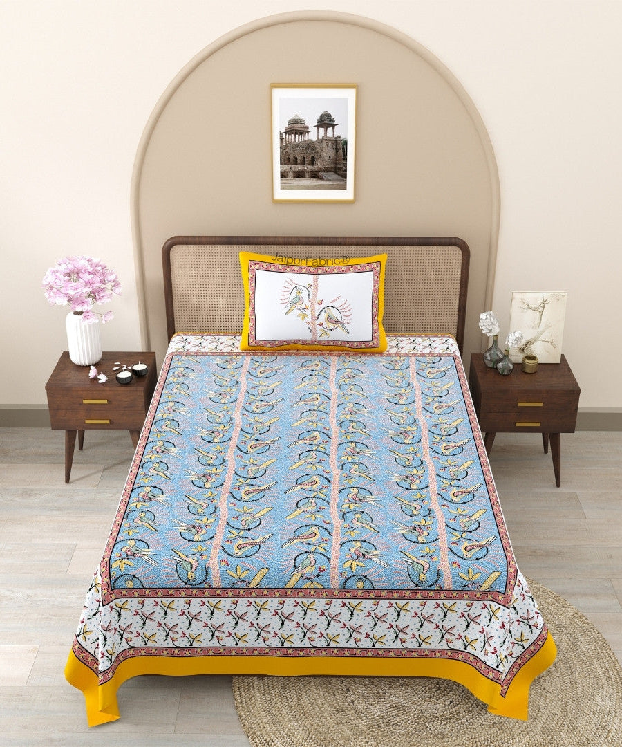 Perky Parrots Blue Pure Cotton Single Bedsheet
