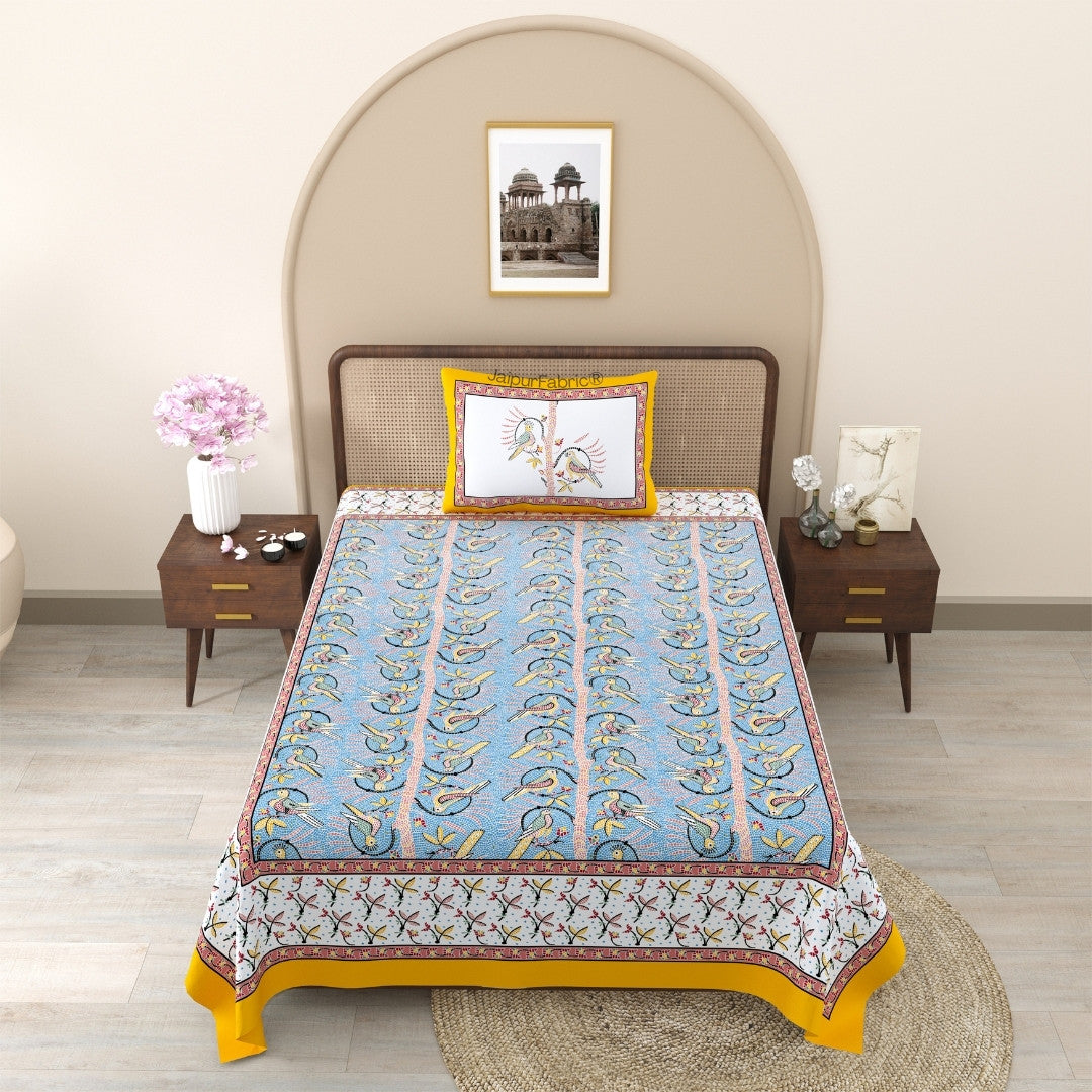 Perky Parrots Blue Pure Cotton Single Bedsheet