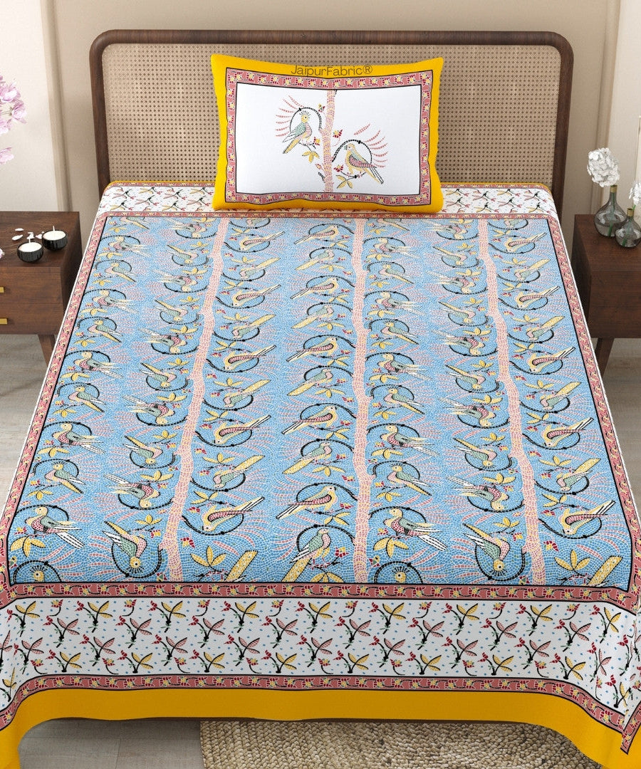 Perky Parrots Blue Pure Cotton Single Bedsheet