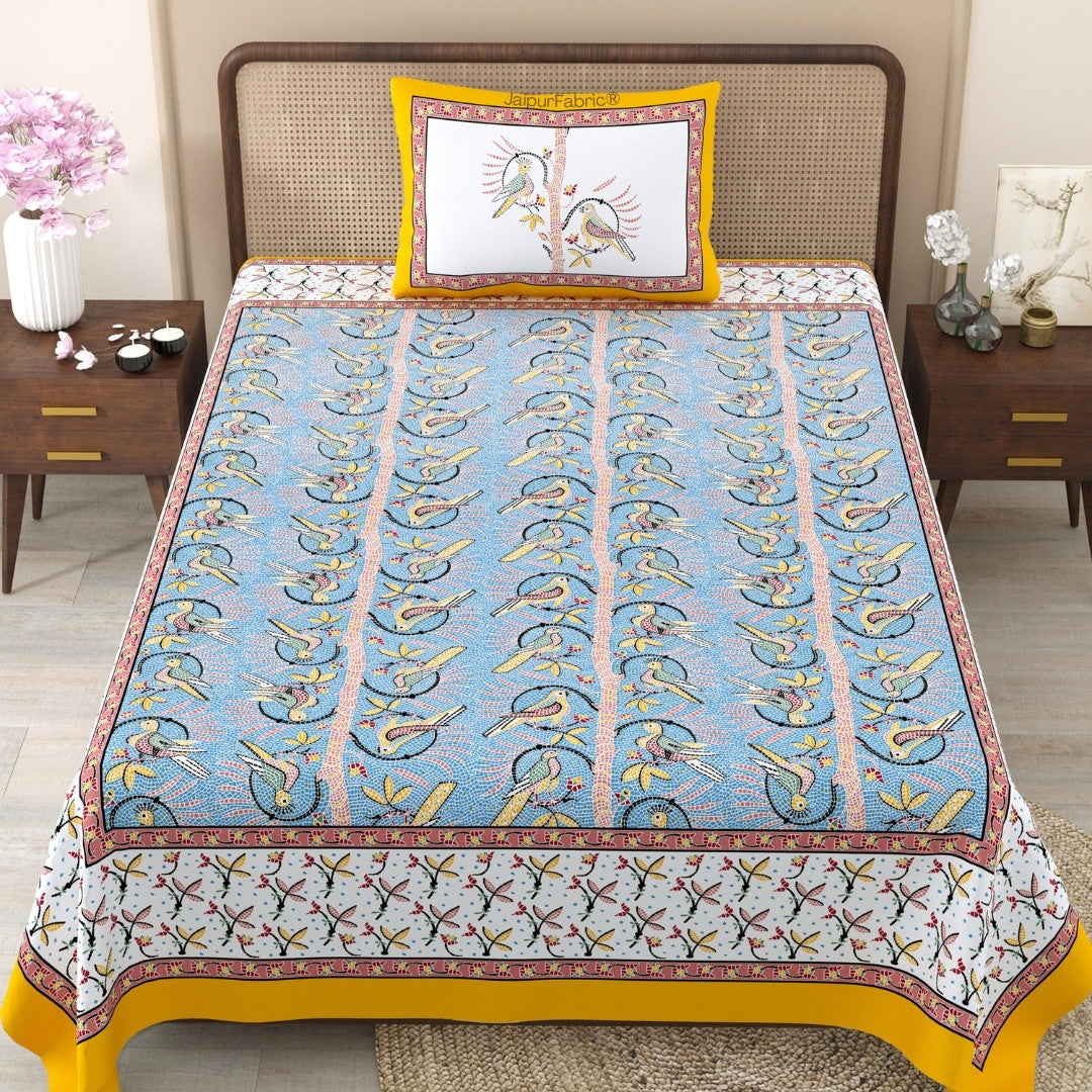 Perky Parrots Blue Pure Cotton Single Bedsheet