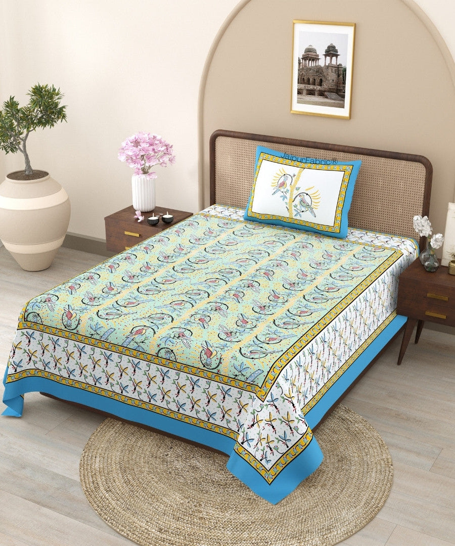 Perky Parrots Green Pure Cotton Single Bedsheet