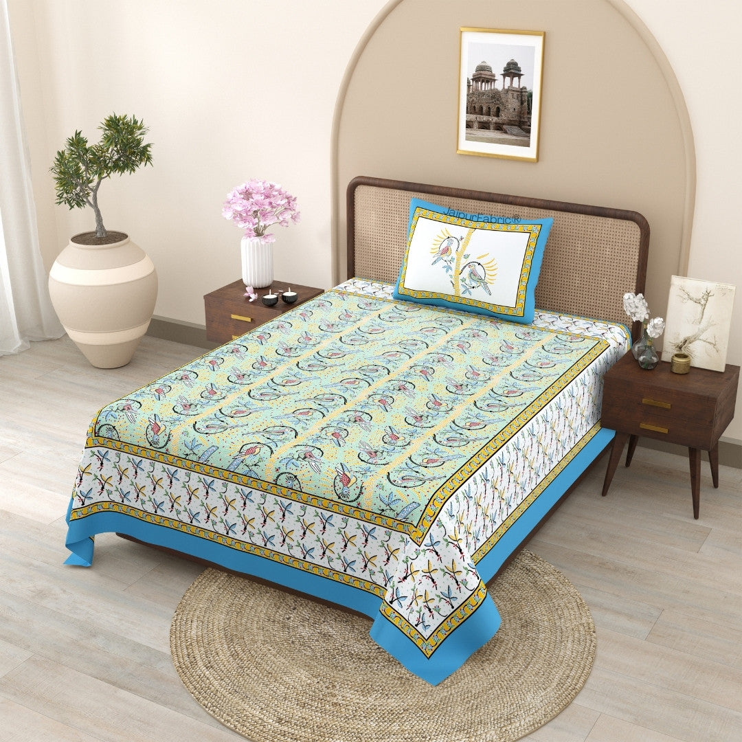 Perky Parrots Green Pure Cotton Single Bedsheet