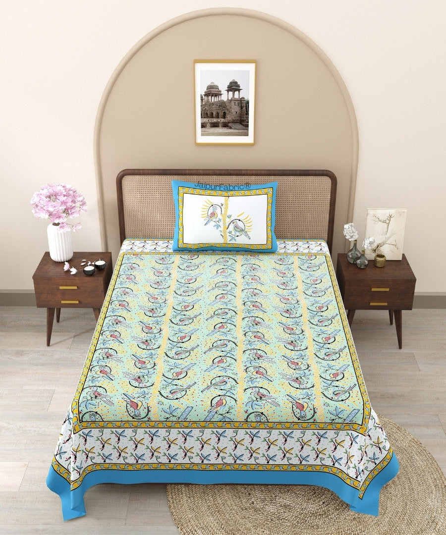 Perky Parrots Green Pure Cotton Single Bedsheet