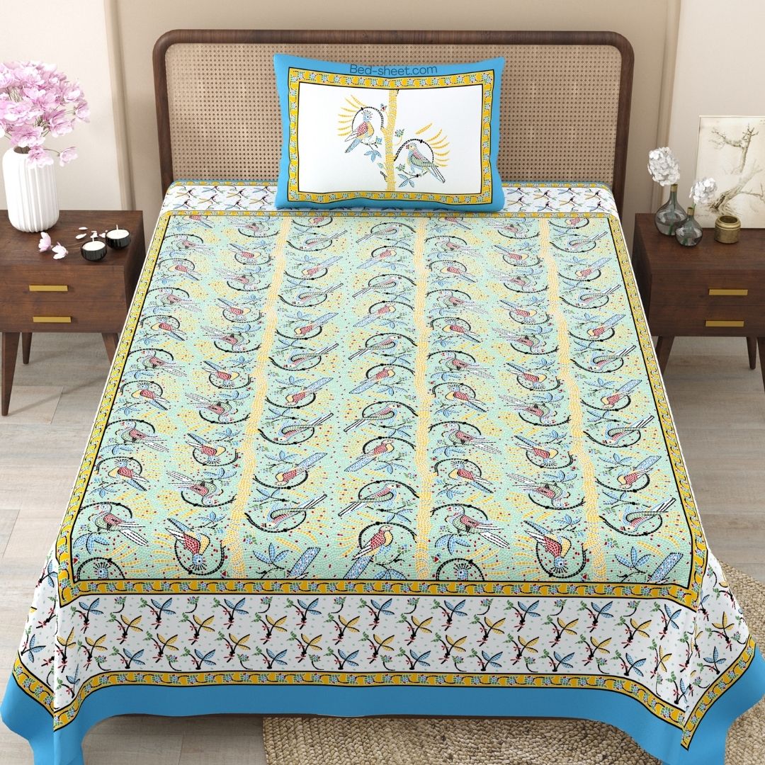 Cheerful Green Parrots Pure Cotton Single Bedsheet