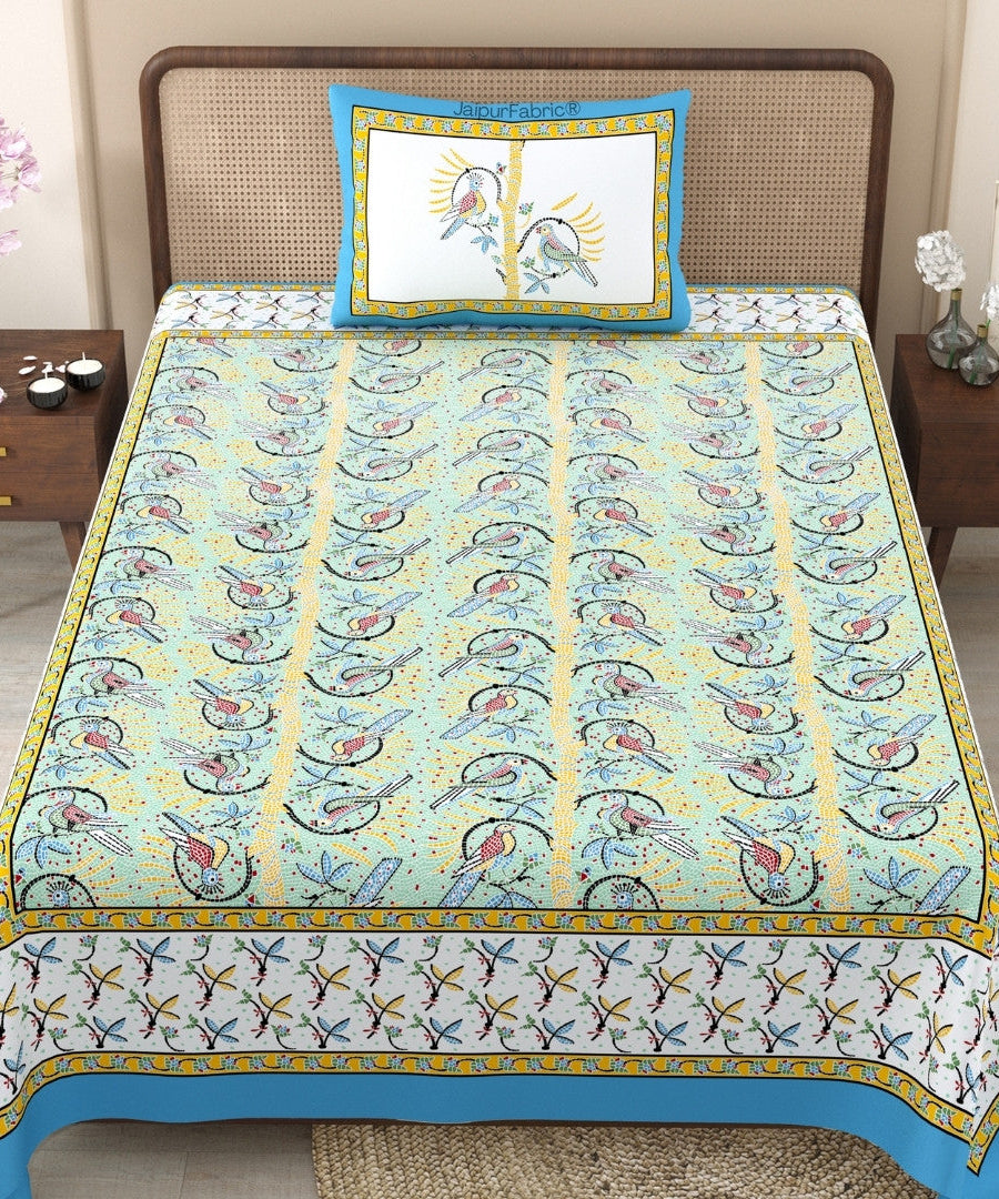 Perky Parrots Green Pure Cotton Single Bedsheet