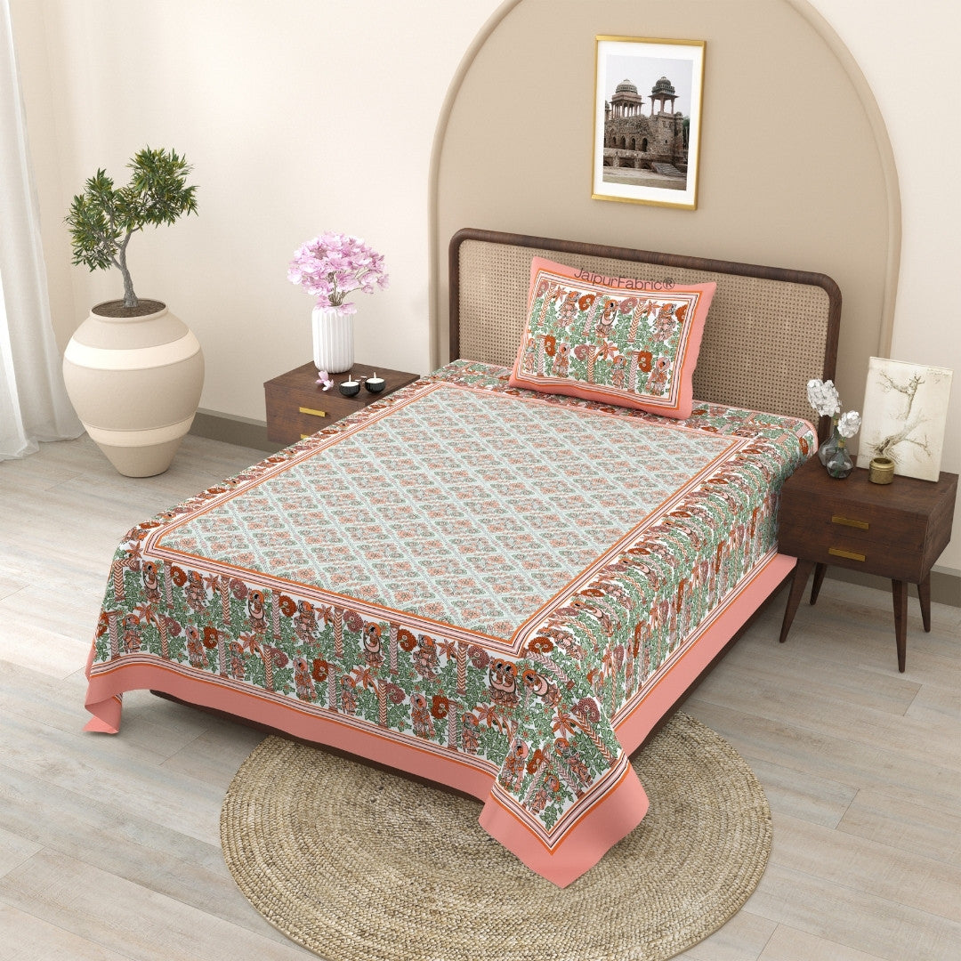 Pattachitra collection Peach and Green Single Bedsheet