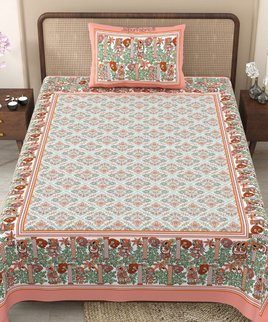 Pattachitra collection Peach and Green Single Bedsheet