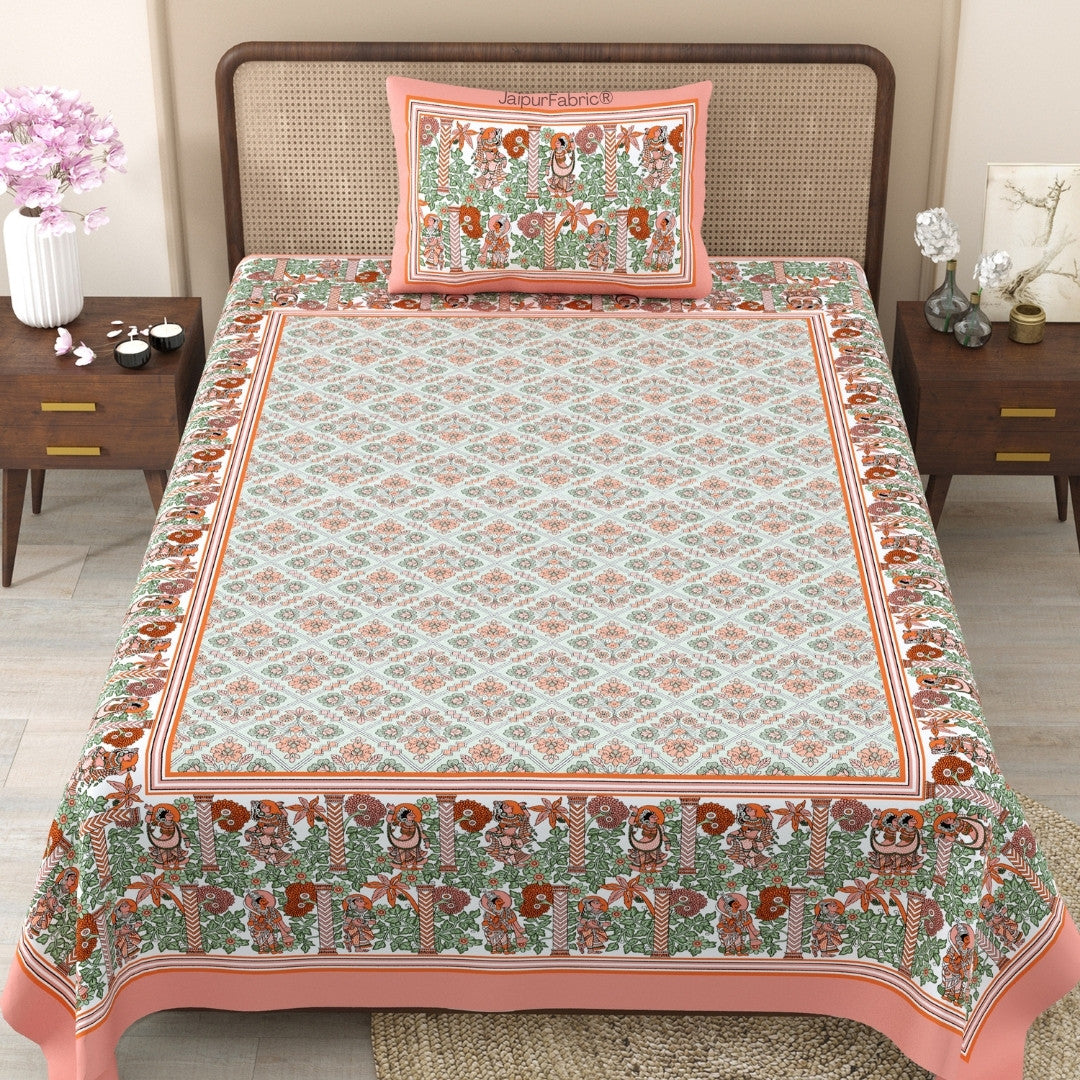 Pattachitra collection Peach and Green Single Bedsheet