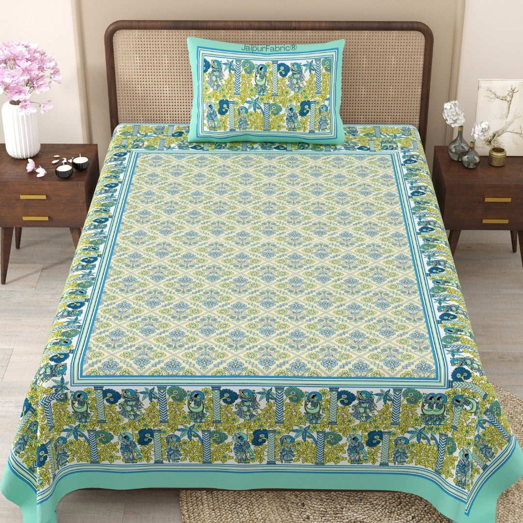Pattachitra collection Seafoam Green and Yellow Single Bedsheet
