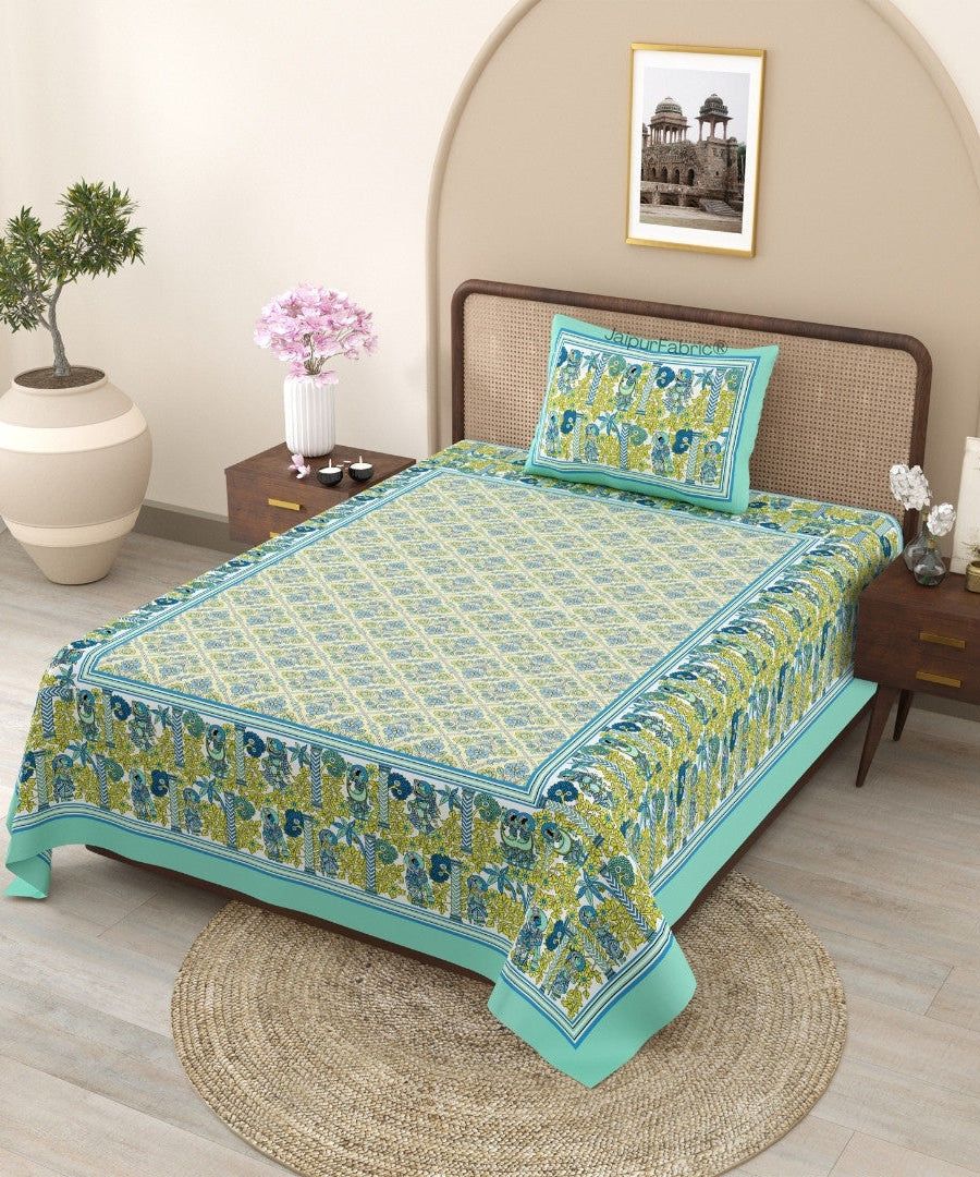 Pattachitra collection Seafoam Green and Yellow Single Bedsheet