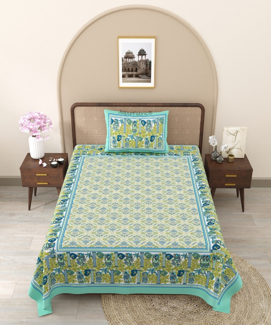 Pattachitra collection Seafoam Green and Yellow Single Bedsheet