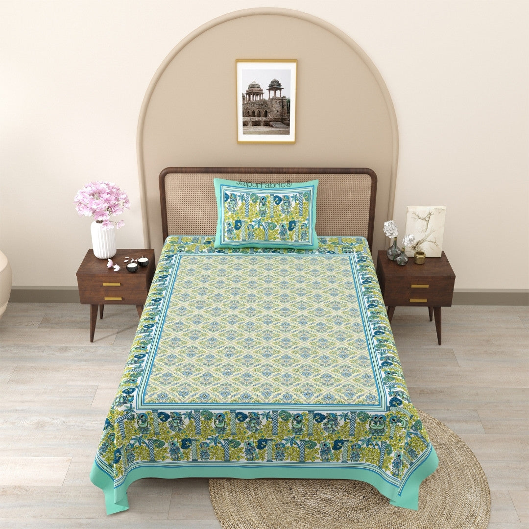 Pattachitra collection Seafoam Green and Yellow Single Bedsheet