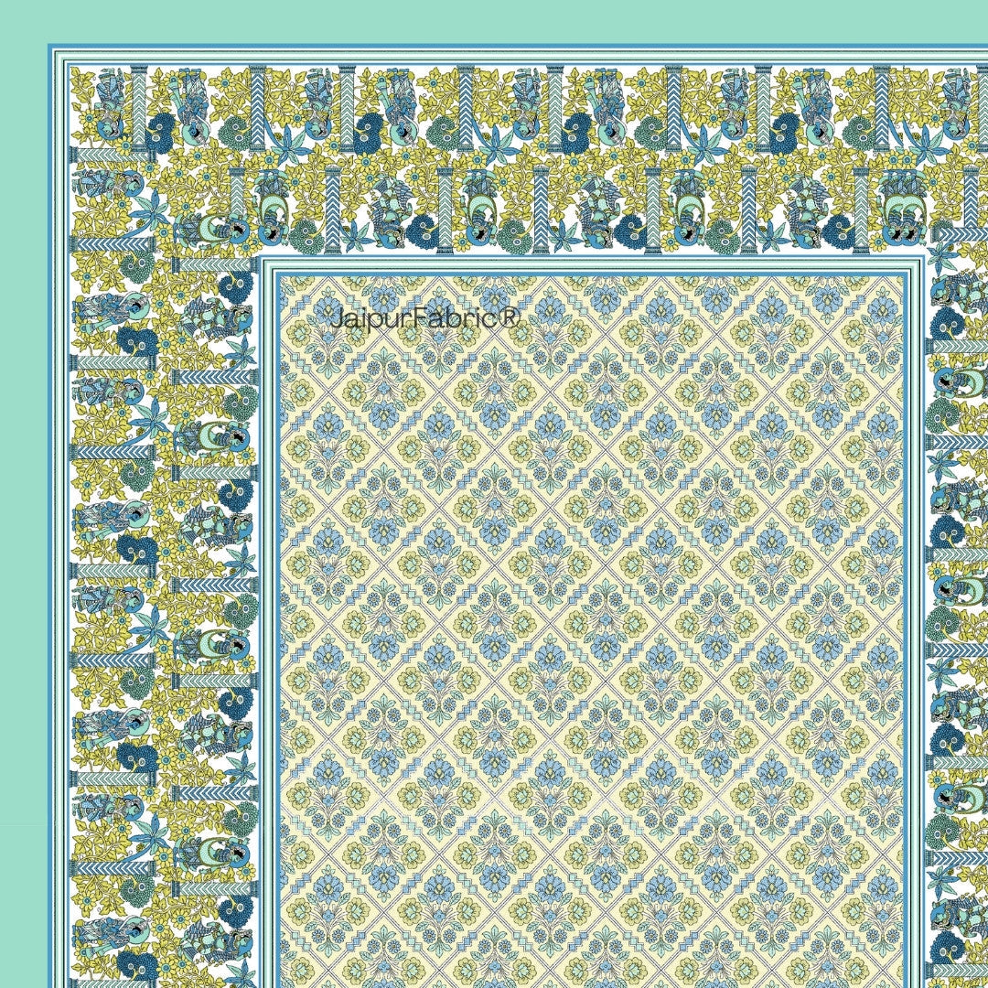 Pattachitra collection Seafoam Green and Yellow Single Bedsheet