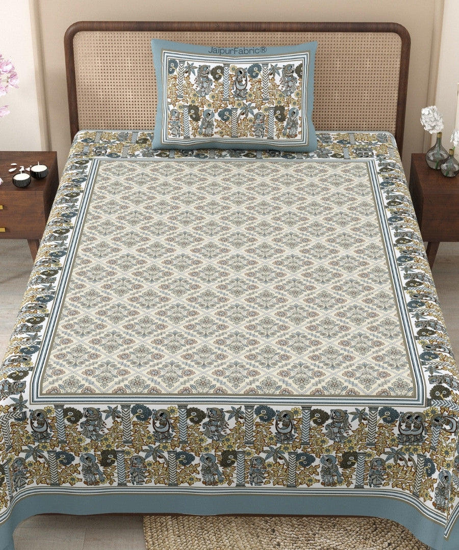 Pattachitra collection Grey and Golden Single Bedsheet