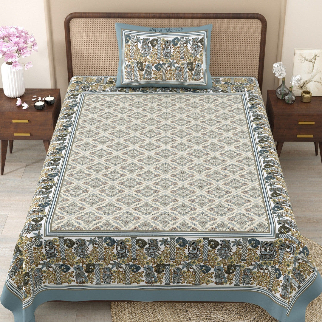 Pattachitra collection Grey and Golden Single Bedsheet
