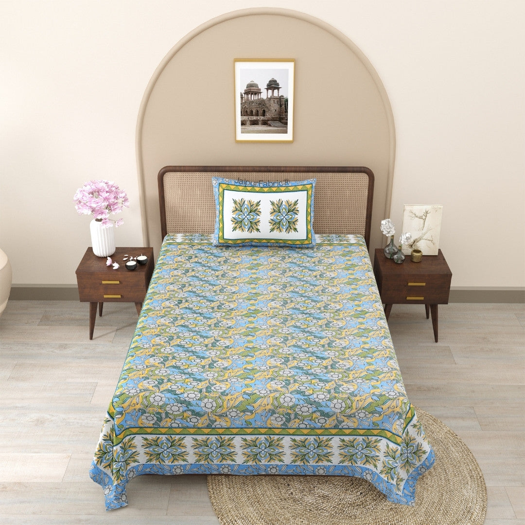 Delightful Dales Blue Pure Cotton Single Bedsheet