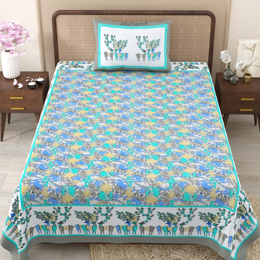 Deer Forest Green Pure Cotton Single Bedsheet
