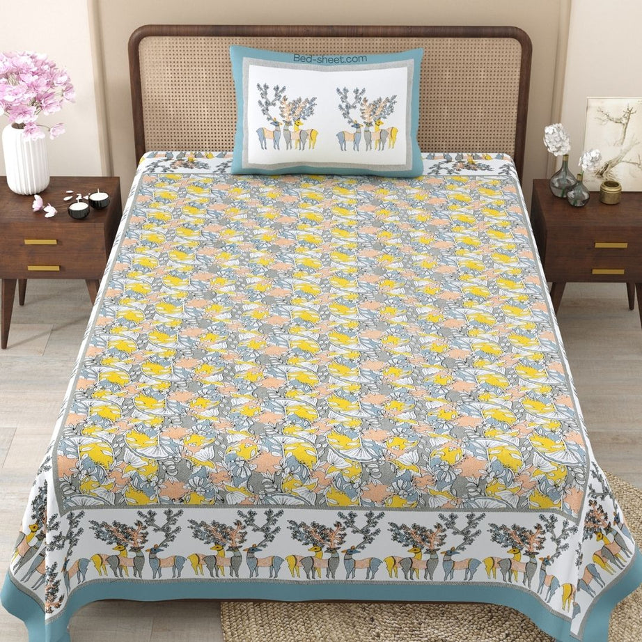 Bright Yellow Wildlife Retreat Pure Cotton Single Bedsheet