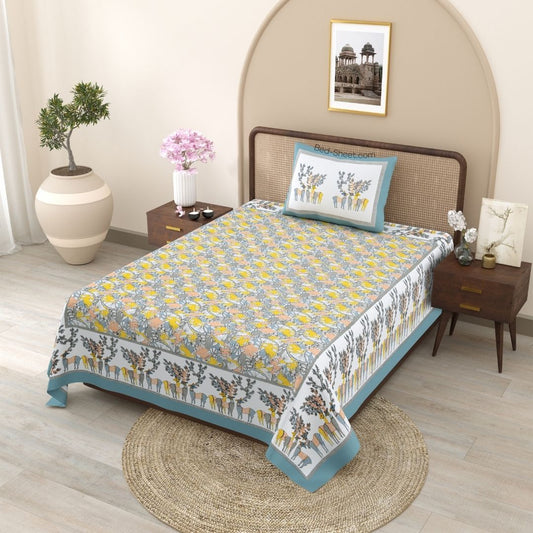 Bright Yellow Wildlife Retreat Pure Cotton Single Bedsheet