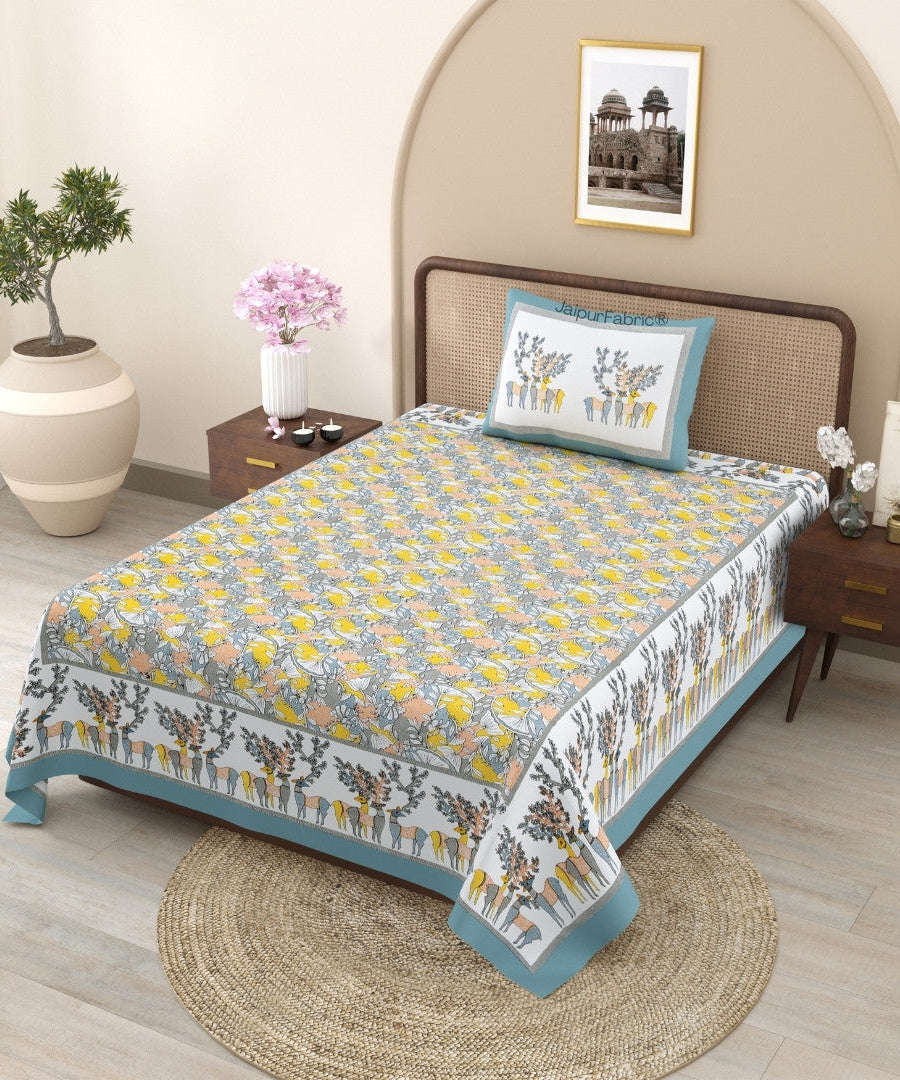 Deer Forest Yellow Pure Cotton Single Bedsheet