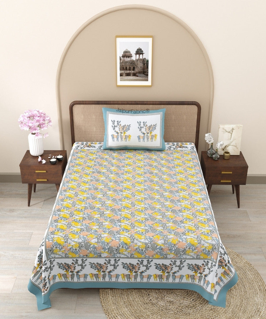 Deer Forest Yellow Pure Cotton Single Bedsheet