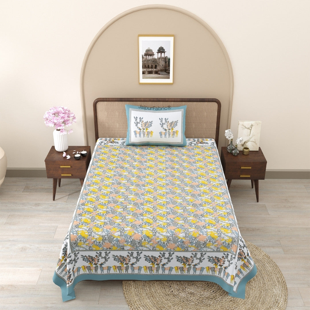 Deer Forest Yellow Pure Cotton Single Bedsheet