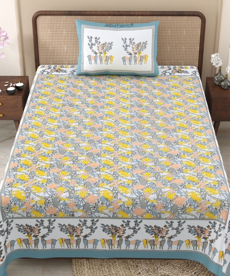 Deer Forest Yellow Pure Cotton Single Bedsheet