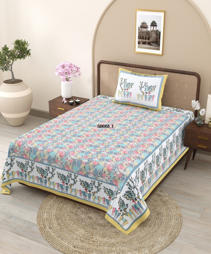 Deer Forest Colourful Pure Cotton Single Bed Bedsheet