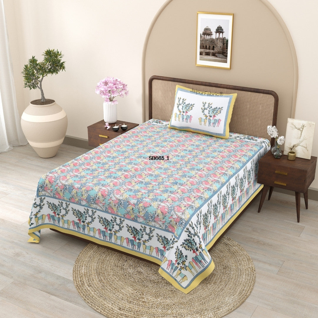 Deer Forest Colourful Pure Cotton Single Bed Bedsheet