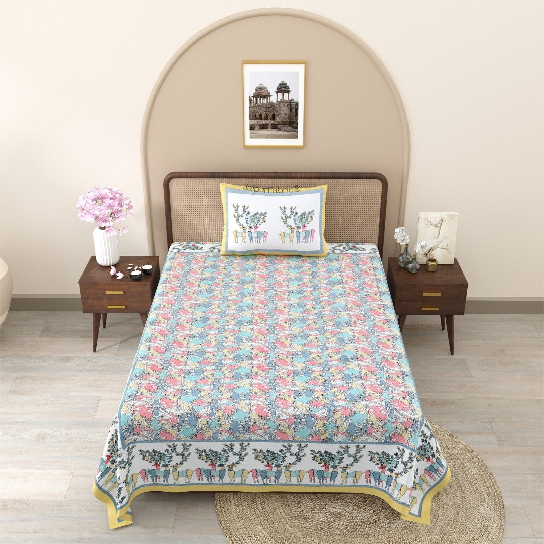 Deer Forest Colourful Pure Cotton Single Bed Bedsheet