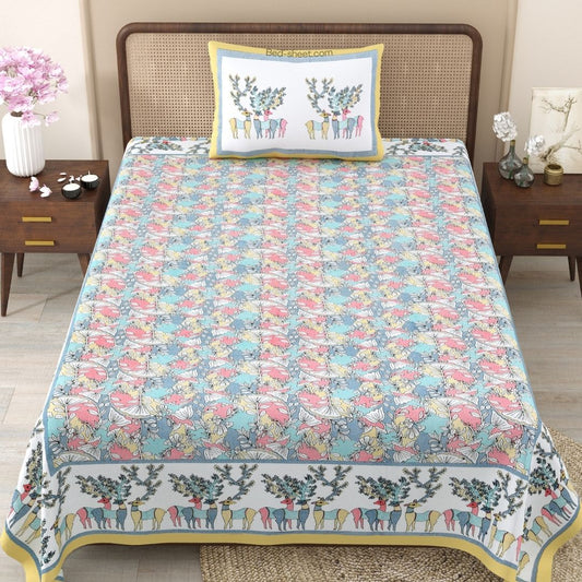 Multicolor Wildlife Retreat Pure Cotton Single Bedsheet