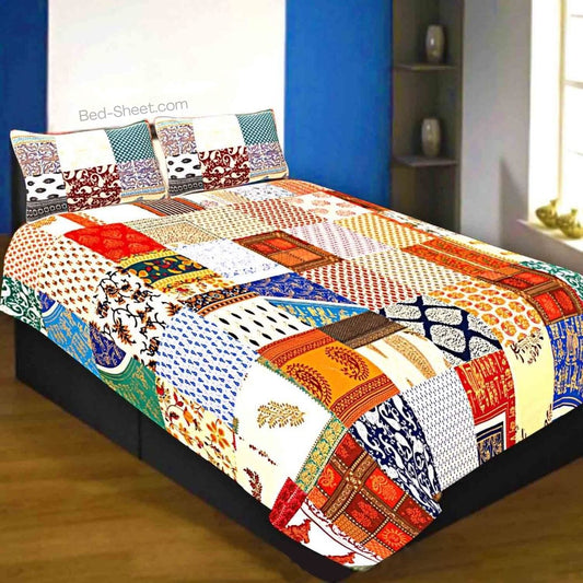 Golden Harmony Mix Tukdi Super Fine Queen Size Bedsheet