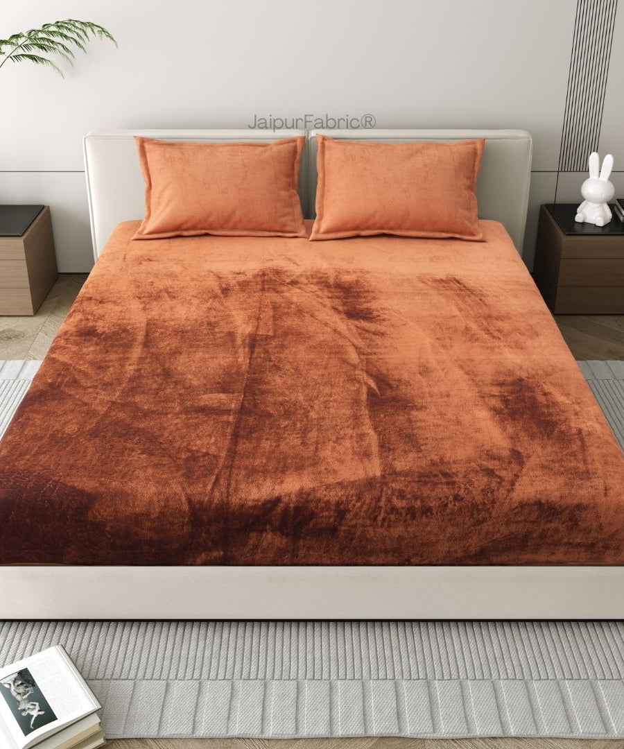Rich Rust Soft Velvet Finish Double Bedsheet with Matching Pillow Covers