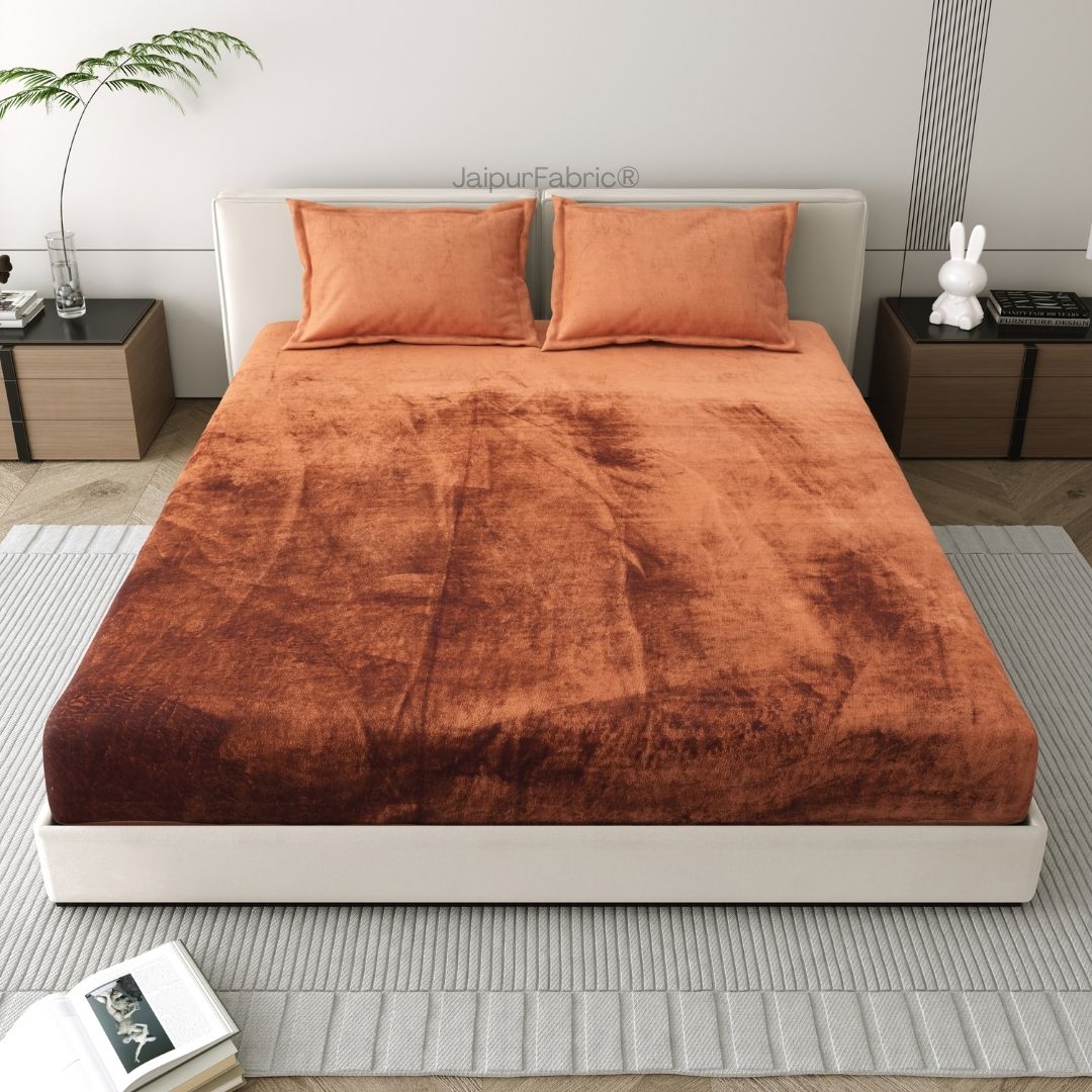 Rich Rust Soft Velvet Finish Double Bedsheet with Matching Pillow Covers