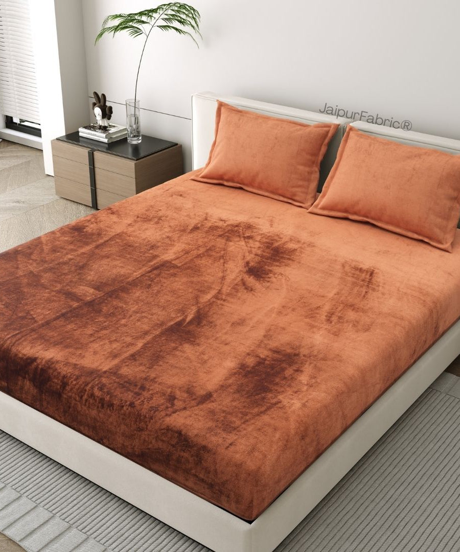 Rich Rust Soft Velvet Finish Double Bedsheet with Matching Pillow Covers