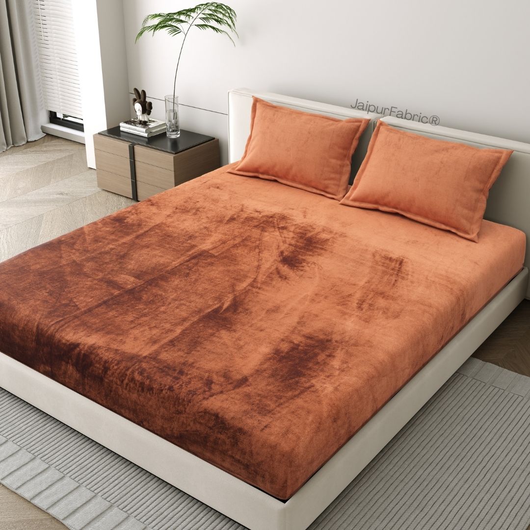 Rich Rust Soft Velvet Finish Double Bedsheet with Matching Pillow Covers