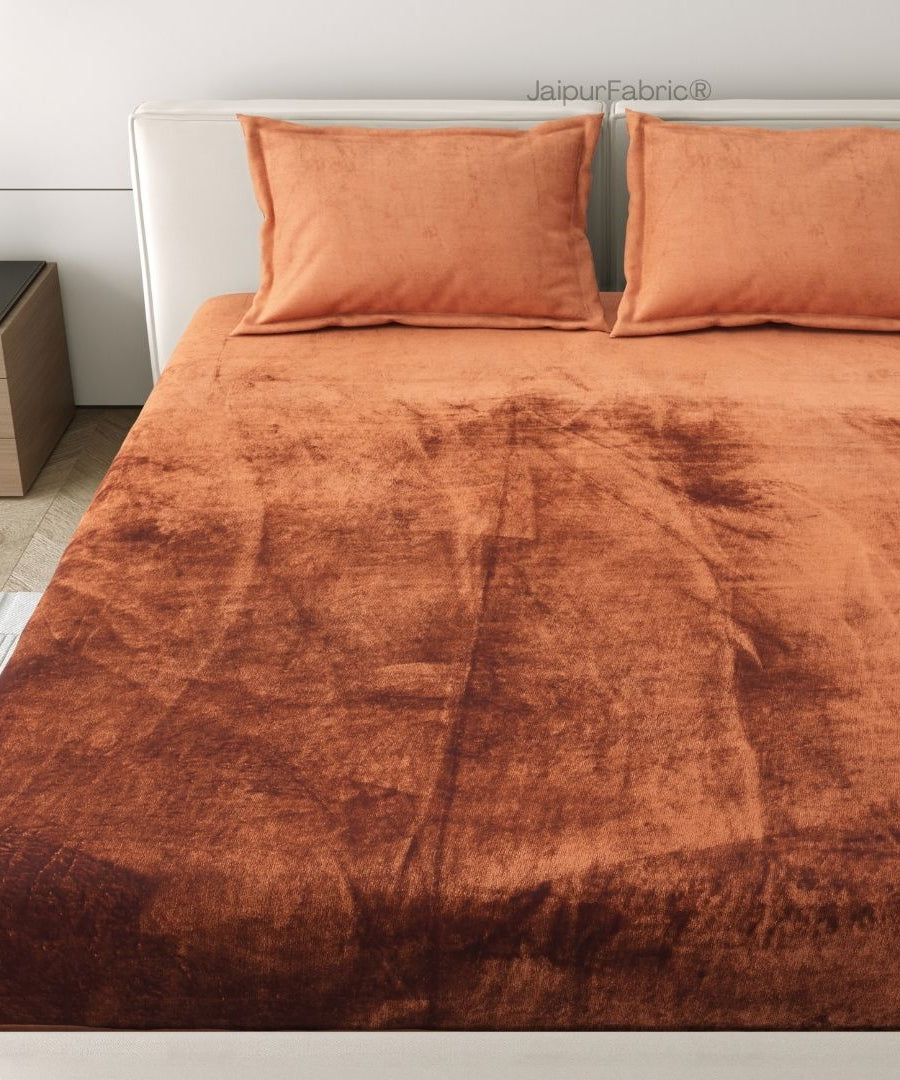 Rich Rust Soft Velvet Finish Double Bedsheet with Matching Pillow Covers